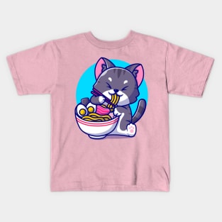 Cute Cat Eating Ramen Noodle With Chopstick Cartoon Kids T-Shirt